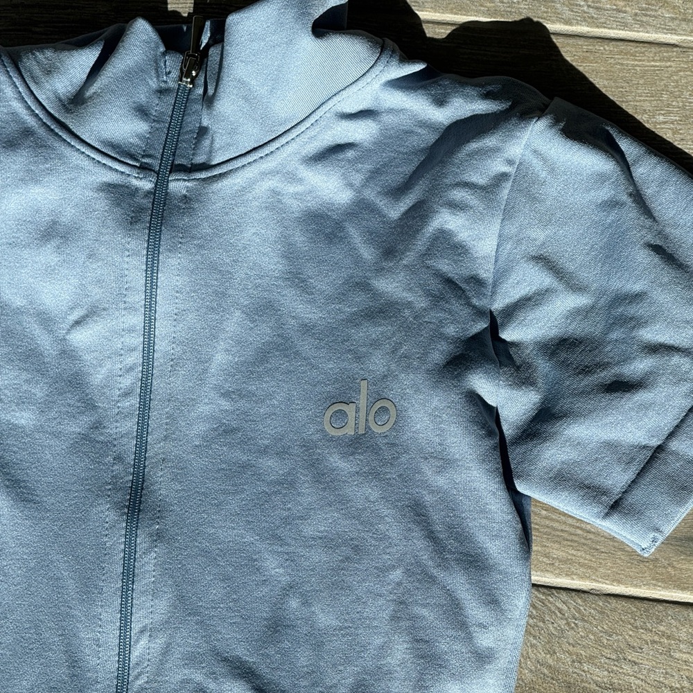 Alo baby blue zip up shorts onesie